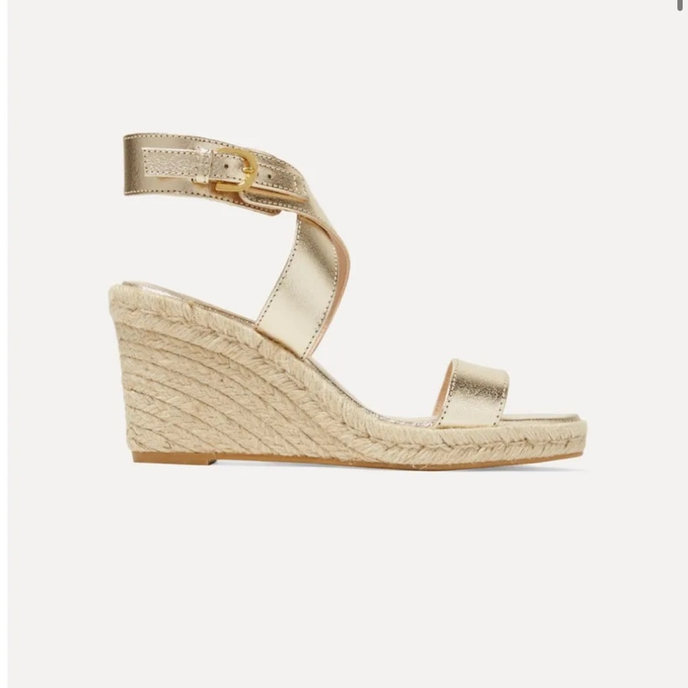Stuart Weitzman Lexia Gold Espadrille Wedge Sandals - Picture 2 of 4